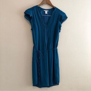 H&M Soft Silky Pleated Flowy Short Sleeve V Neck Tie Mini Dress Blue